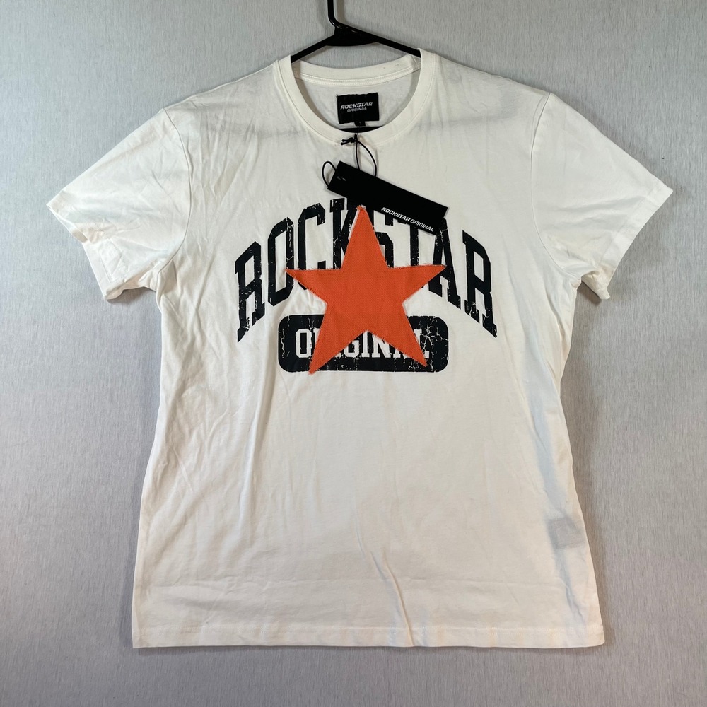 NEW Rockstar Original Mens S Tee White Embroidered Orange Star NWT